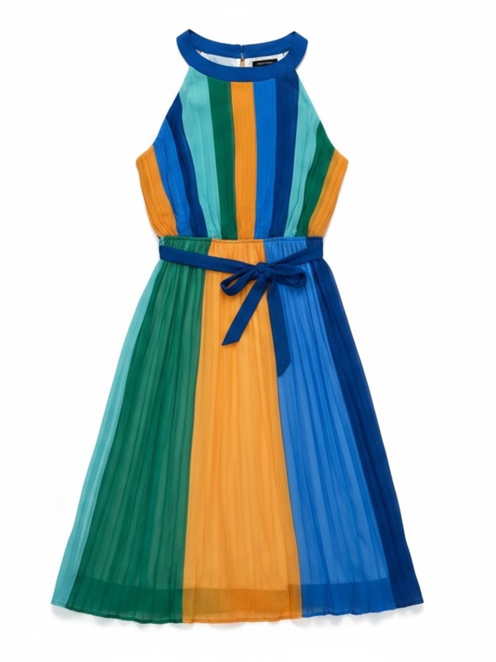 Ashley Stewart Striped Halter Belted Midi Dress in Blue, Green, Yellow